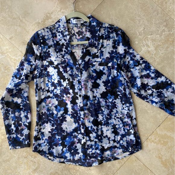 Express Tops - Express Blue and Black Floral Blouse